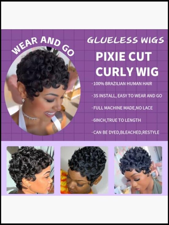 Short Pixie Cut Wig Human Hair Curly Full Machine Made Glueless Wig Natural